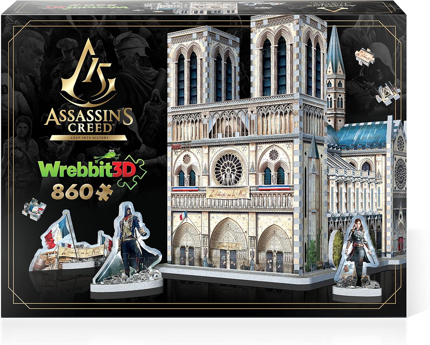 Assassin's Creed Wrebbit 3D puzzle box with cathedral model and character figures.