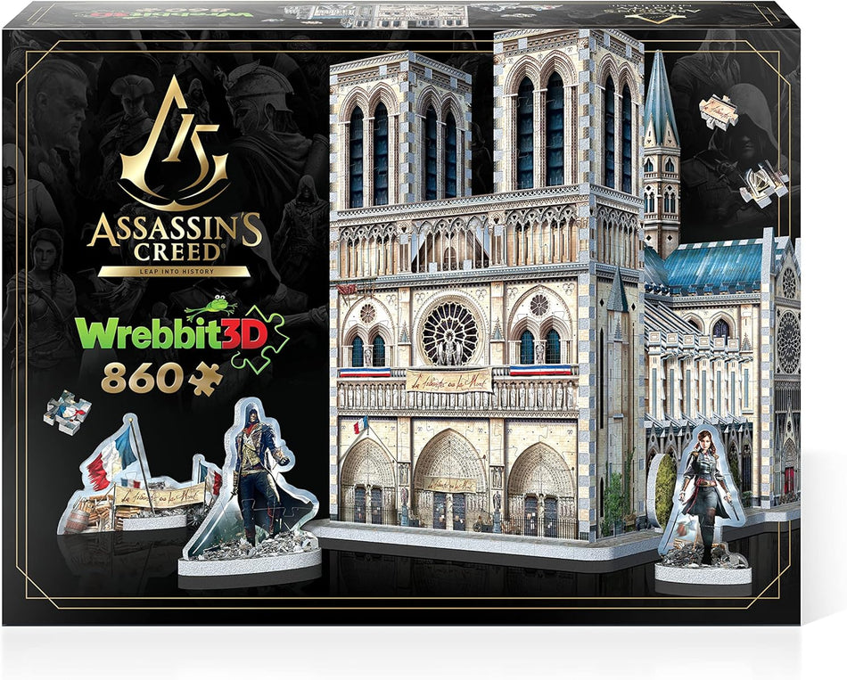 Assassin's Creed Wrebbit 3D puzzle box with cathedral model and character figures.