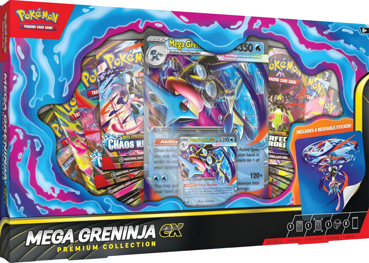 Pokémon Mega Greninja ex Premium Collection packaging with colorful graphics and text.