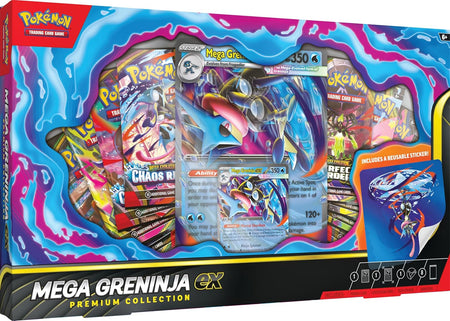 Pokémon Mega Greninja ex Premium Collection packaging with colorful graphics and text.