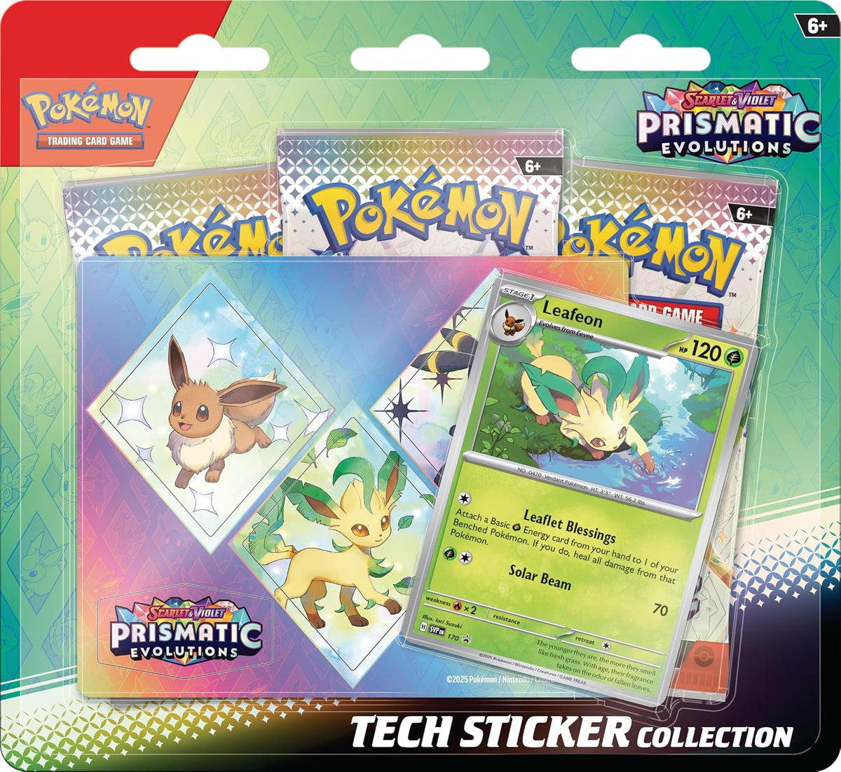 Pokémon trading card game packs with Eevee and Leafeon cards on a colorful background.