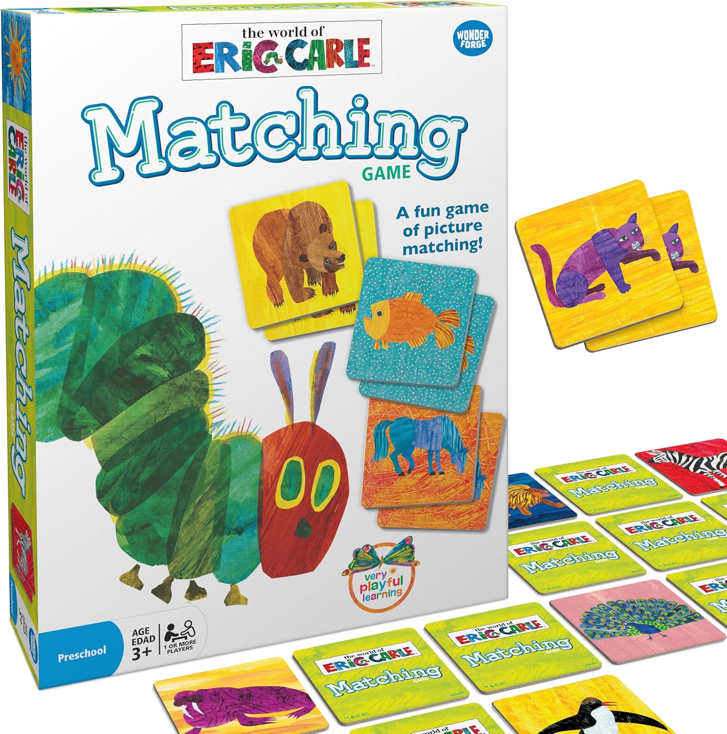 ravensburger Matching game box with illustrations of a caterpillar and animal cards, featuring the World of Eric Carle brand.