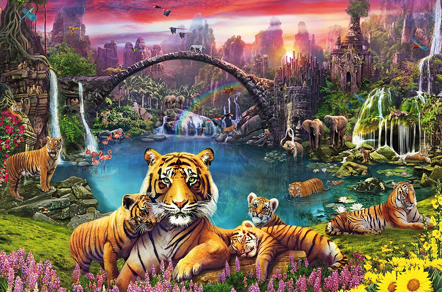Jigsaw puzzle image of tigers elephants and other wildlife on a scenic background for the Animals and Wildlife puzzle collection