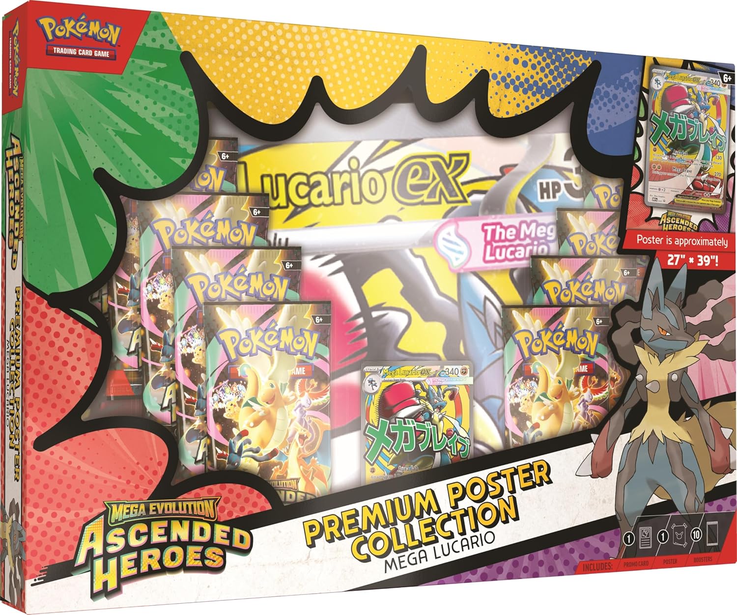 Pokémon Mega Lucario EX Premium Poster Collection packaging with various cards and artwork.