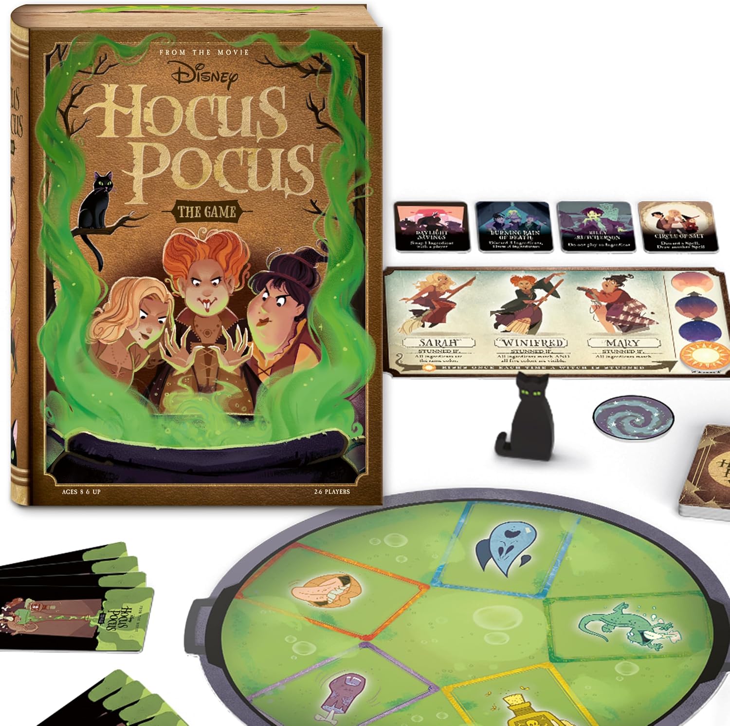 Disney Hocus Pocus board game with game pieces and cards on a white background