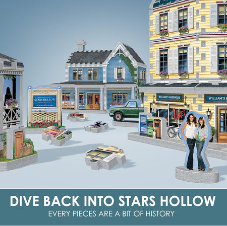 3d puzzle with buildings and people, featuring text 'Dive Back into Stars Hollow'.