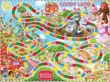 Colorful board game mat with cartoon characters and candy-themed design, featuring 'Strawberry Shortcake' branding.