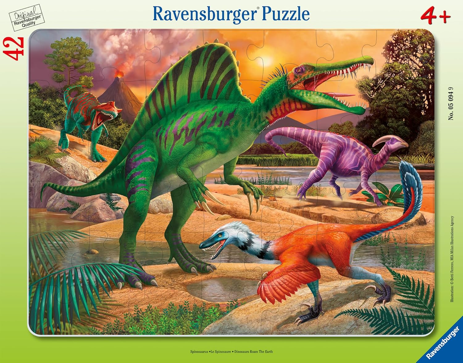 Ravensburger dinosaur 42-piece children's jigsaw puzzle packaging with colorful dinosaurs.