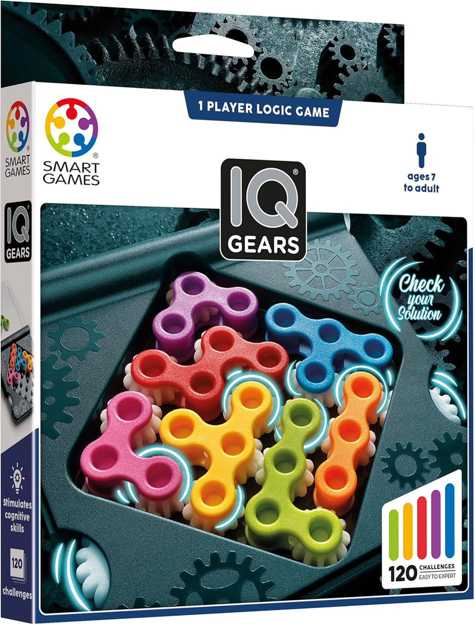IQ Gears puzzle game packaging with colorful gears and Smart Games branding.