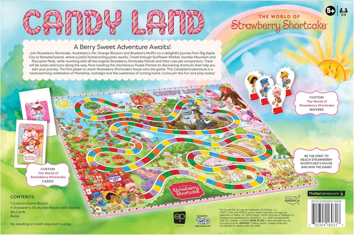 Candy Land board game packaging with colorful board and characters, featuring Strawberry Shortcake.