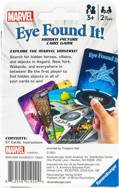 ravensburger Marvel 'Eye Found It!' hidden picture card game packaging with cards.