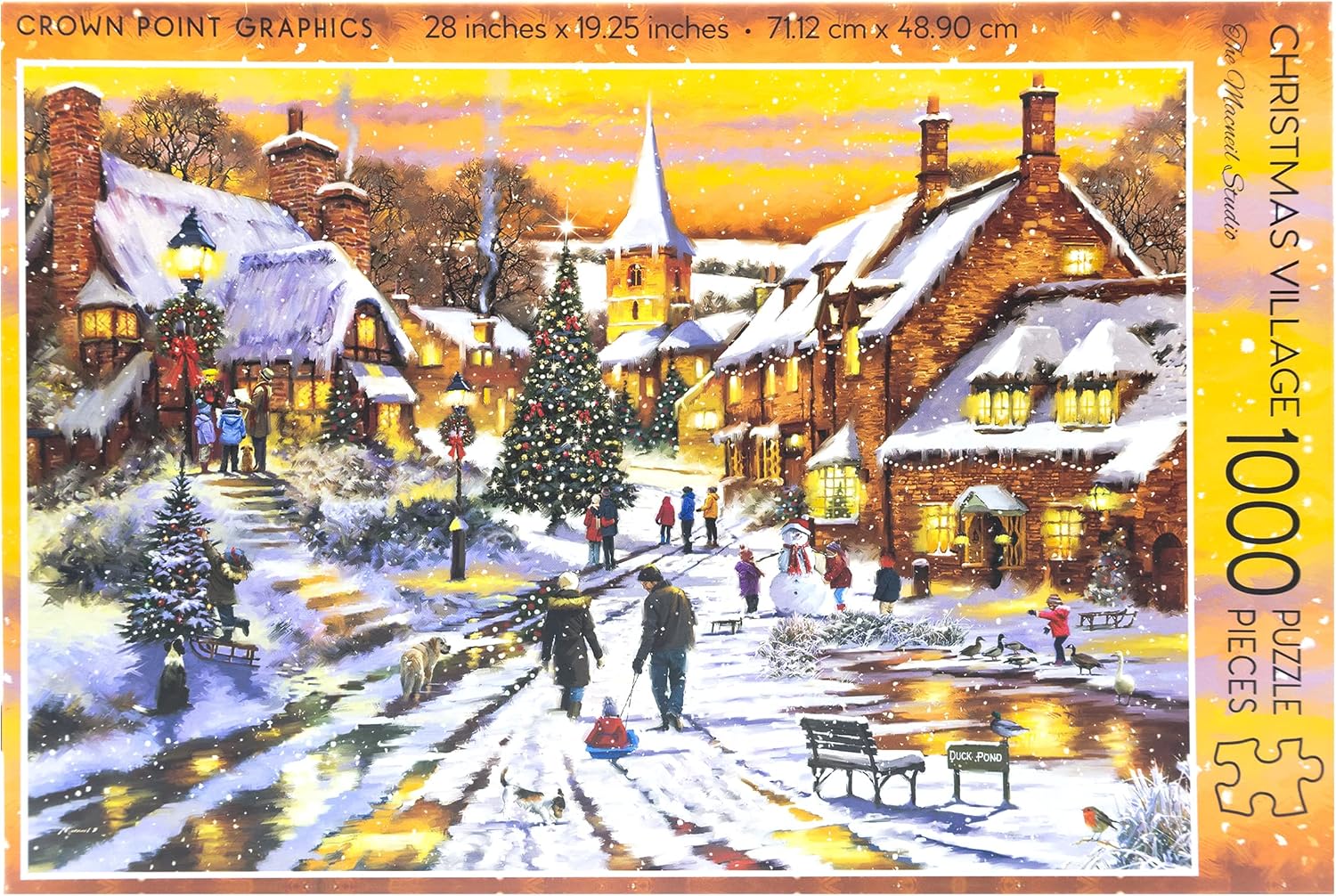 Christmas village scene puzzle packaging with snowy village and people on a cold winter day.