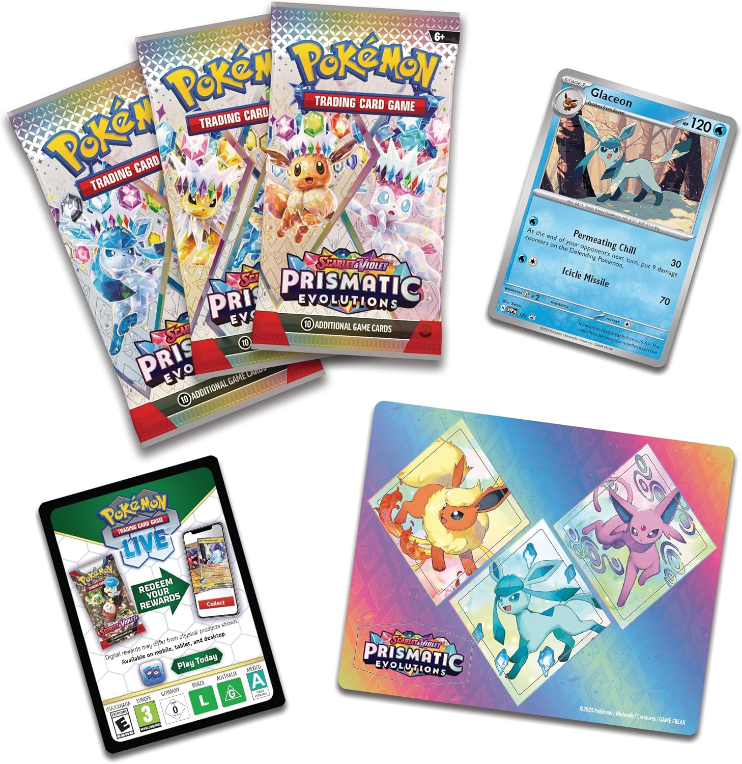 Pokémon trading cards and packaging on a white background