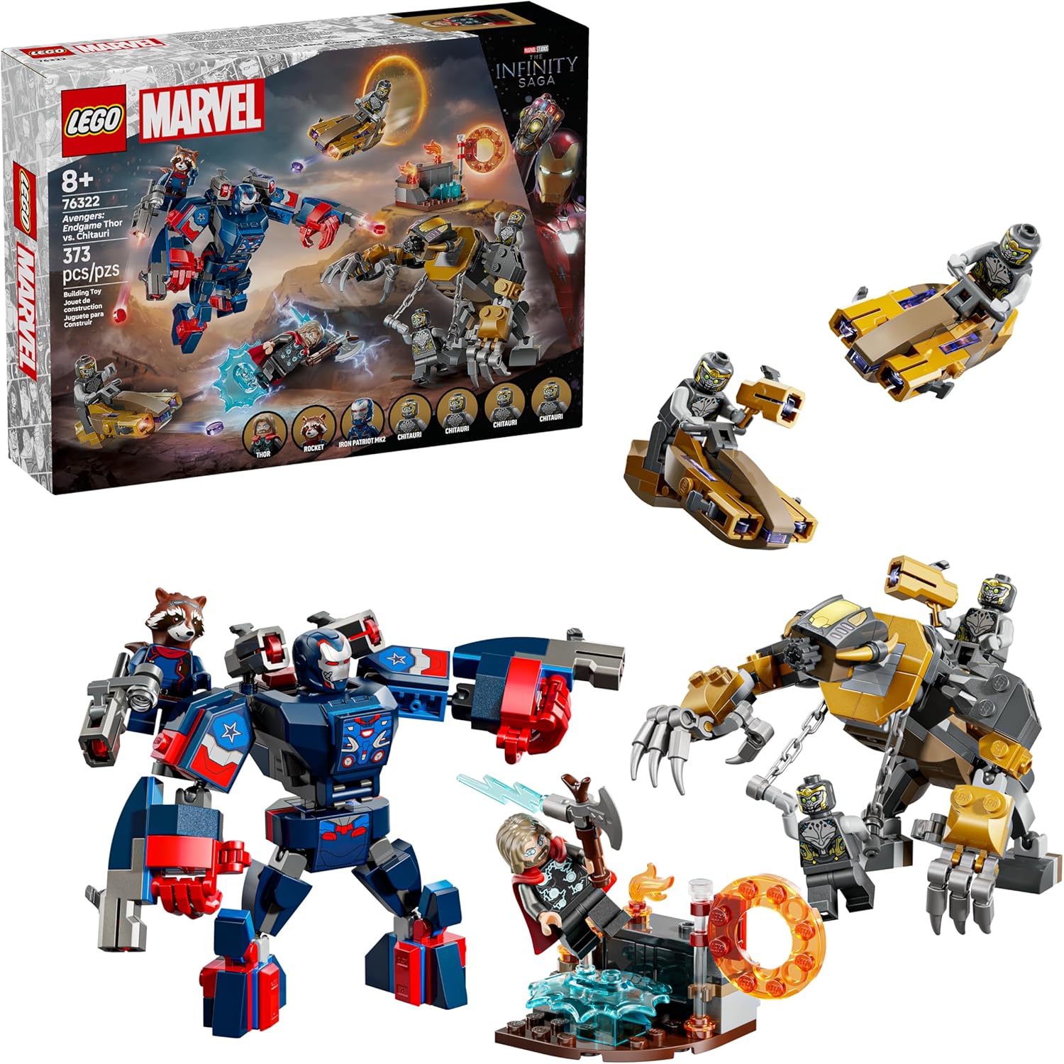 LEGO Marvel Infinity set 76322 with robot figures and packaging on a white background
