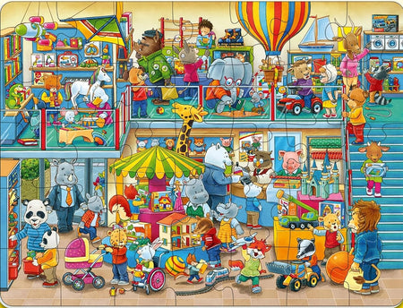 ravensburger children's 35-piece jigsaw puzzle of toy store with various toys and animals.