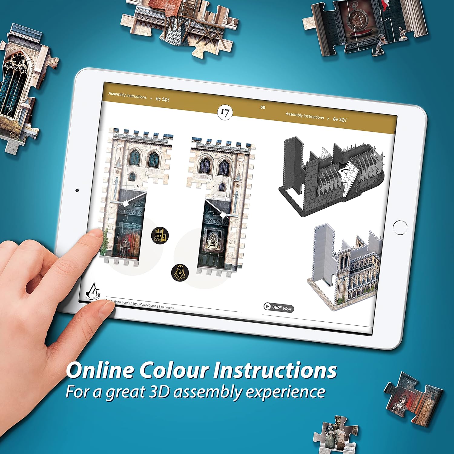 Hand using a tablet with 3D assembly app on a blue background with puzzle pieces.