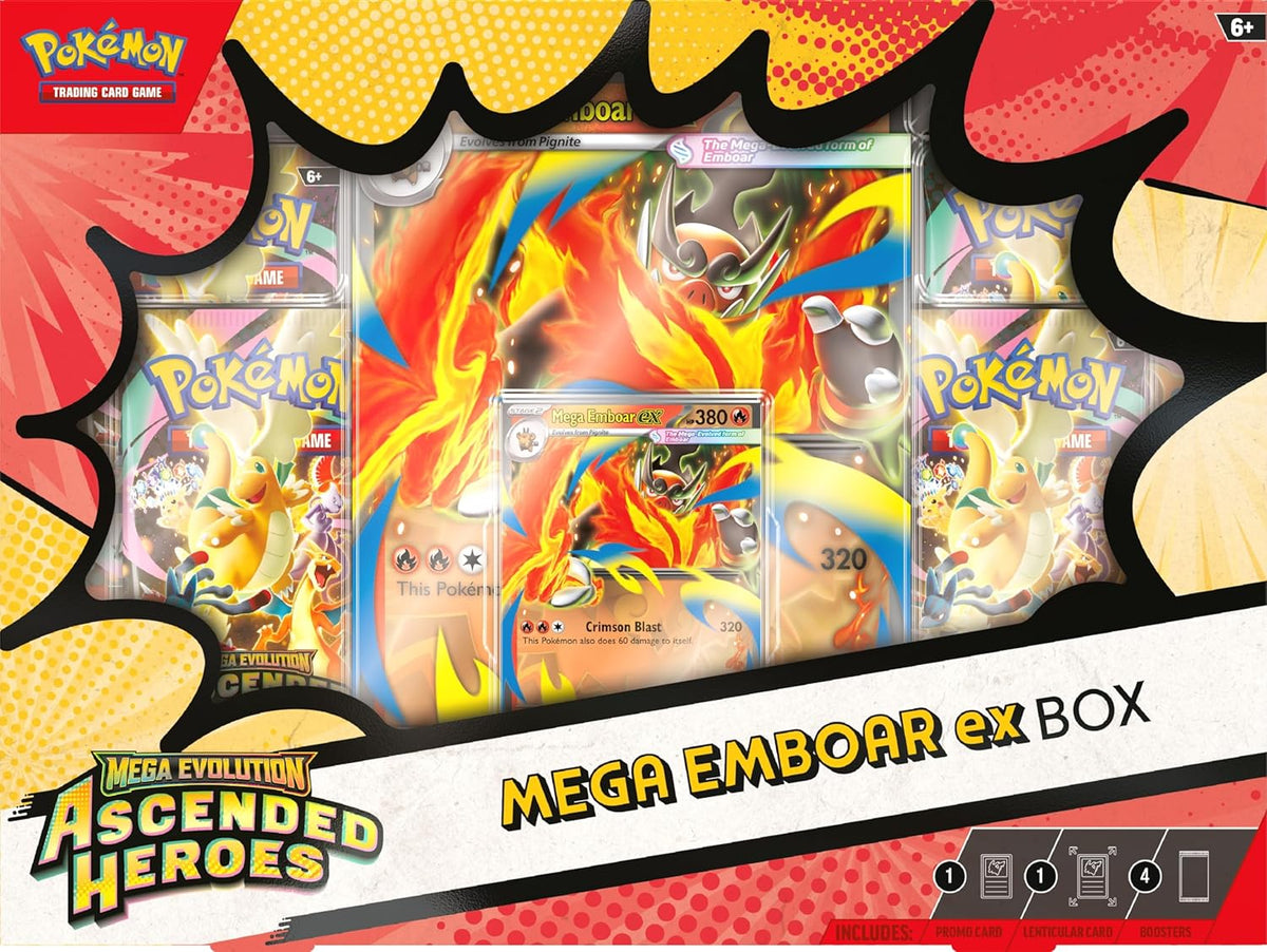 Pokémon trading card game packaging featuring Mega Emboar ex with promotional text.