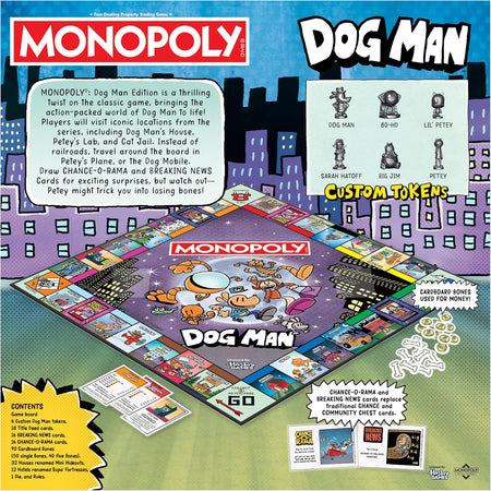 Monopoly Dog Man board game packaging with colorful design and text