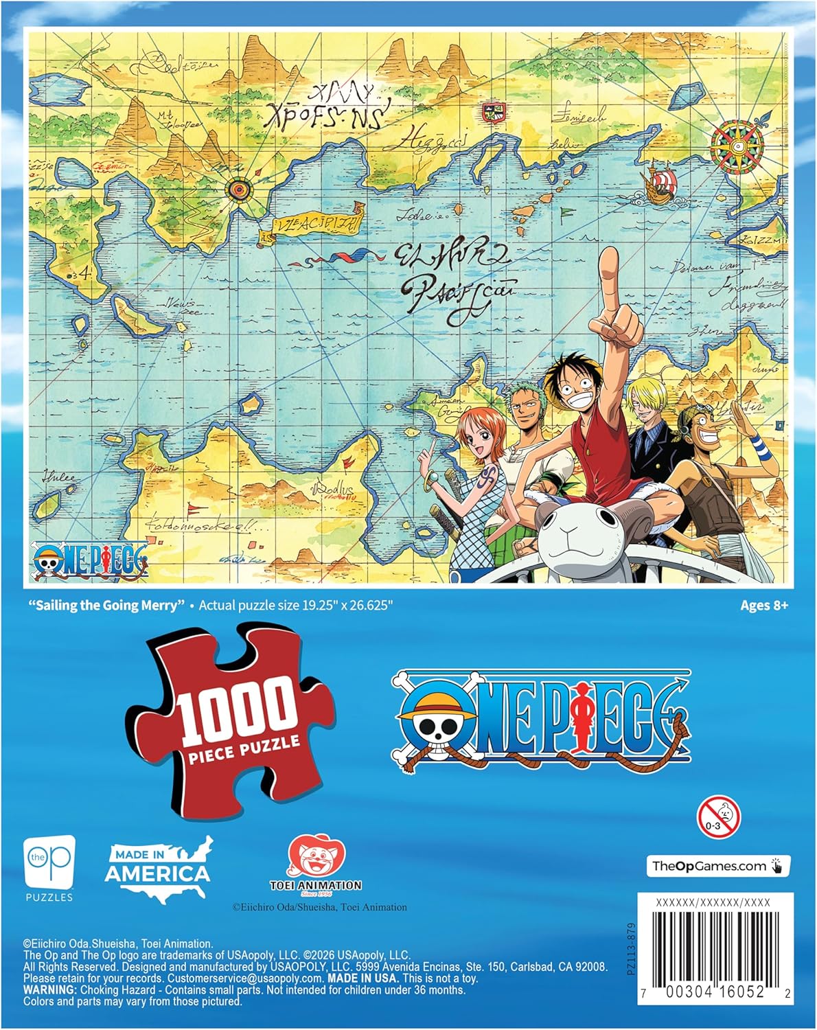 Op games 1000-piece jigsaw Puzzle box with a map design and anime characters from One Piece.