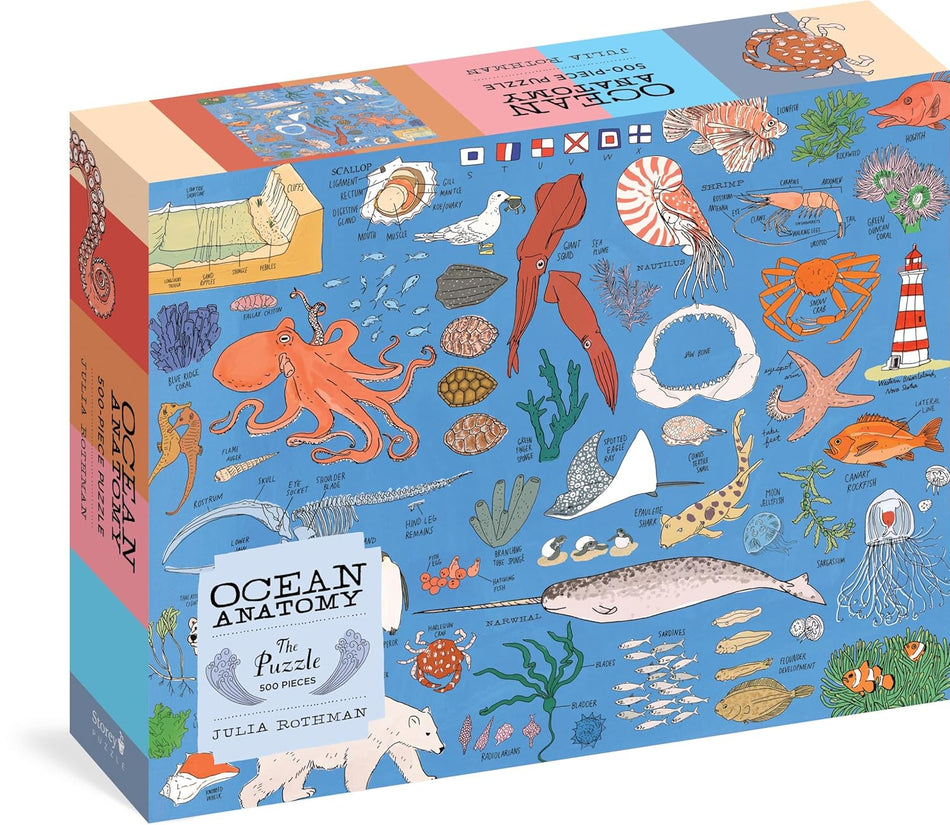 Jigsaw puzzle box with ocean-themed illustrations on a blue background