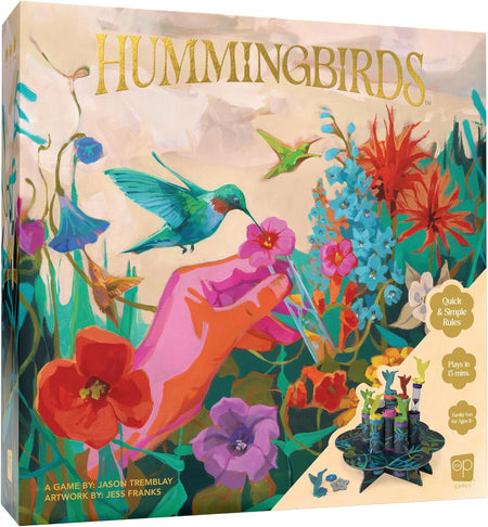 Op games Board game box for 'Hummingbirds' with colorful illustration of a hand and hummingbird.