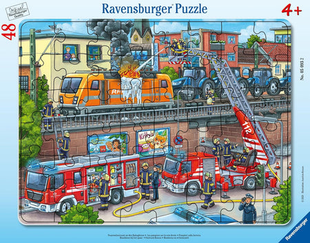 Ravensburger 48-piece children's jigsaw puzzle with fire trucks and firefighters on a blue background.