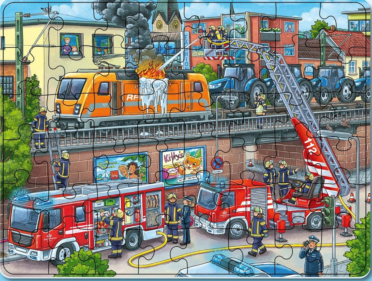 ravensburger children's Firefighter-themed jigsaw puzzle with various vehicles and characters on a city street.