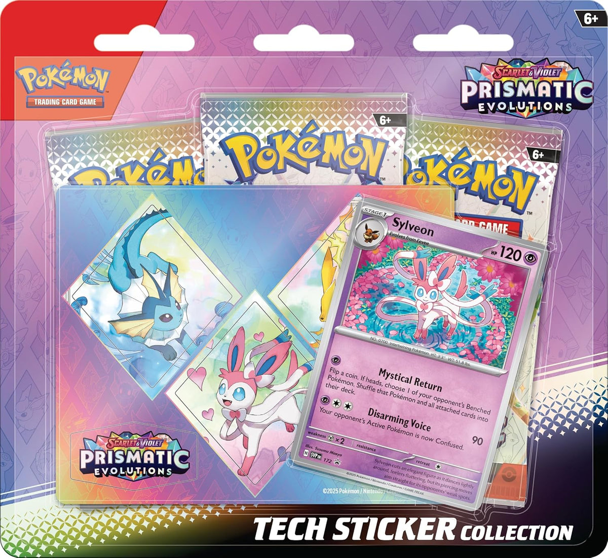 Pokémon trading card game packs with Prismatic Evolutions theme on a colorful background