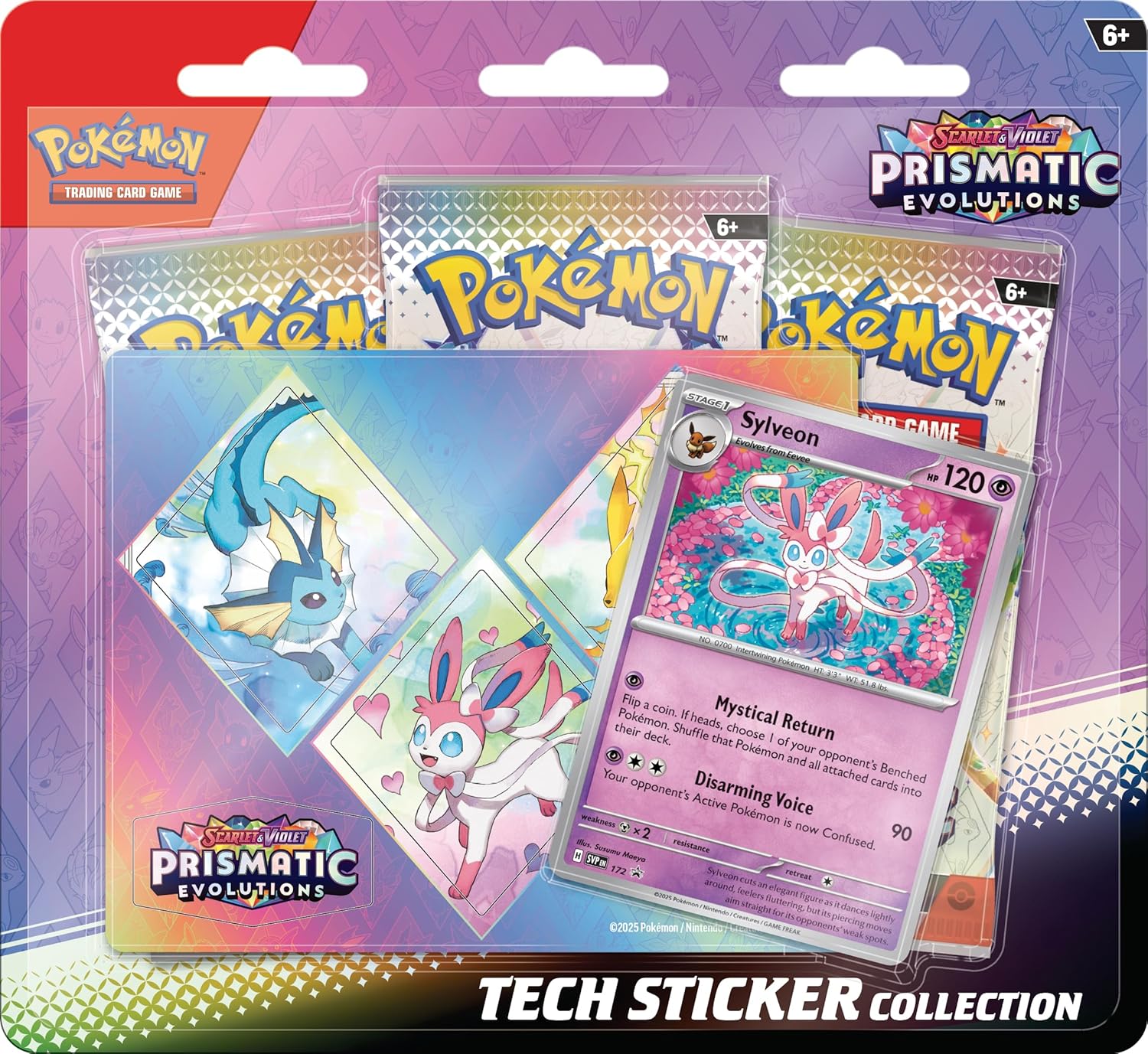 Pokémon trading card game packs with Prismatic Evolutions theme on a colorful background