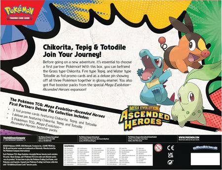 Pokémon TCG: Mega Evolution Ascended Heroes packaging with Chikorita, Tepig, and Totodile on a colorful background.