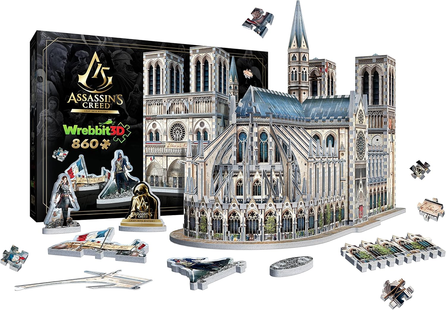 Assassin's Creed Wrebbit 3D puzzle of Notre-Dame Cathedral with packaging and pieces displayed.