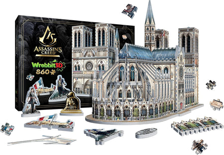 Assassin's Creed Wrebbit 3D puzzle of Notre-Dame Cathedral with packaging and pieces displayed.