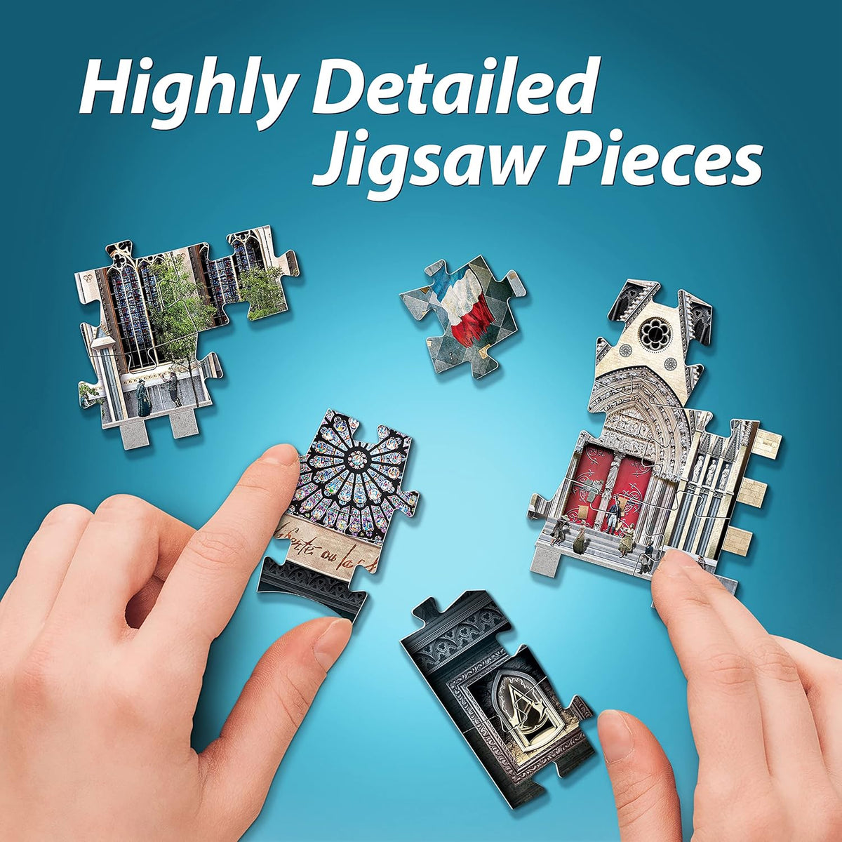 Jigsaw pieces with detailed designs on a blue background