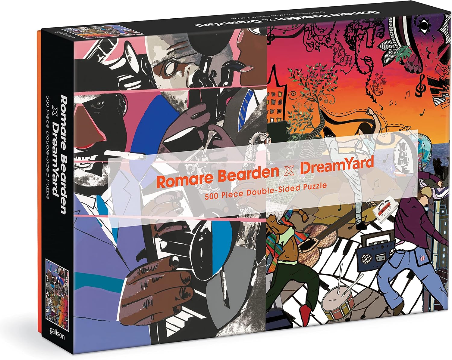 Double-sided puzzle box with colorful abstract designs and 'Romare Bearden x DreamYard' branding.