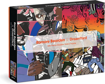 Double-sided puzzle box with colorful abstract designs and 'Romare Bearden x DreamYard' branding.