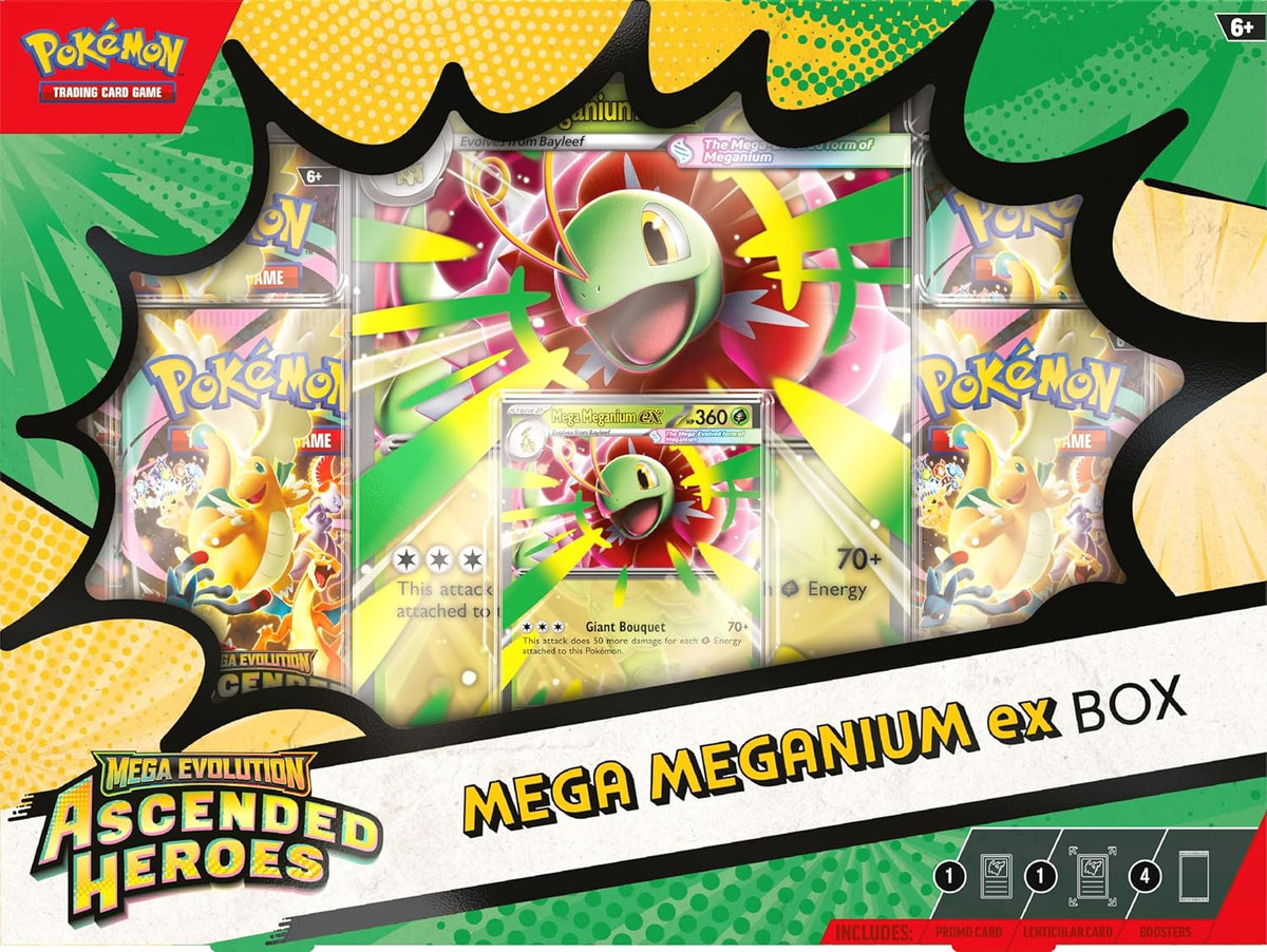 Pokémon trading card game Mega Meganium ex box with colorful graphics and Pokémon characters.