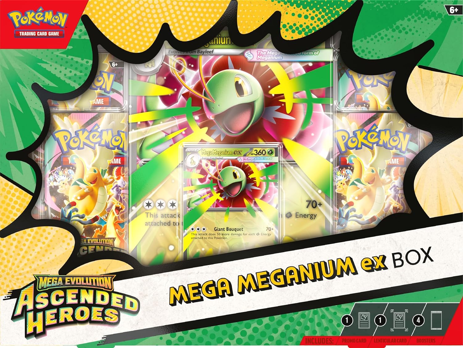 Pokémon trading card game Mega Meganium ex box with colorful graphics and Pokémon characters.