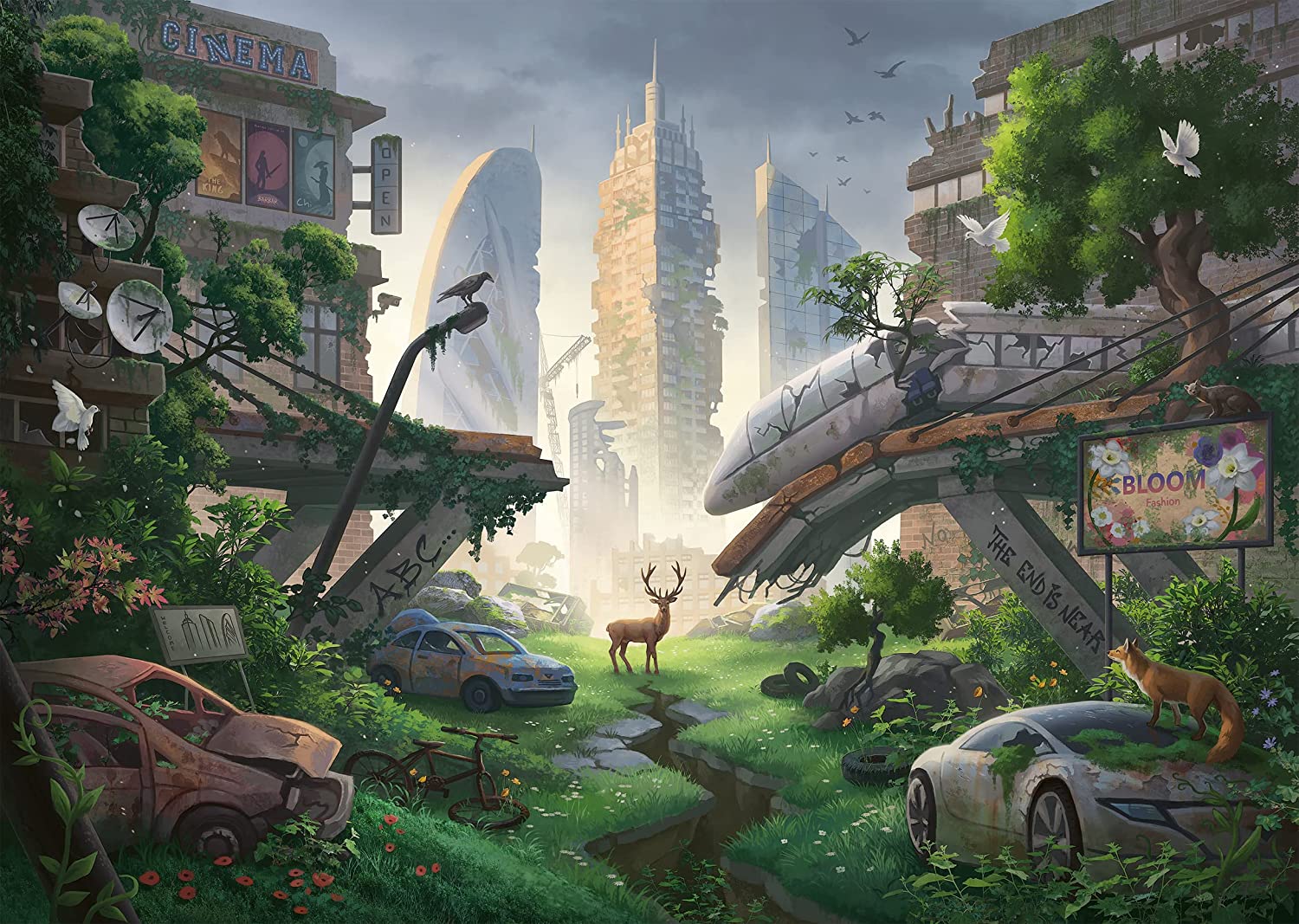 Assembled jigsaw puzzle depicting a stylized, futuristic cityscape with a deer-like animal in the foreground, surrounded by skyscrapers and a bridge by ravensburger