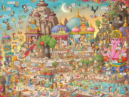 A  Heye Triangular Yogaland colorful illustrated puzzle depicting a whimsical scene with various yoga poses and characters.