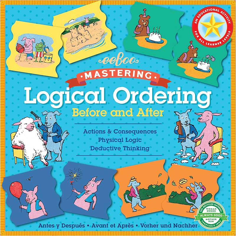 Front cover of the children's tile game 'Mastering Logical Ordering: Before and After' by eeboo. The cover features a bright blue background with playful cartoon illustrations of animals like pigs, sheep, bears, and goats in various colorful action panels.
