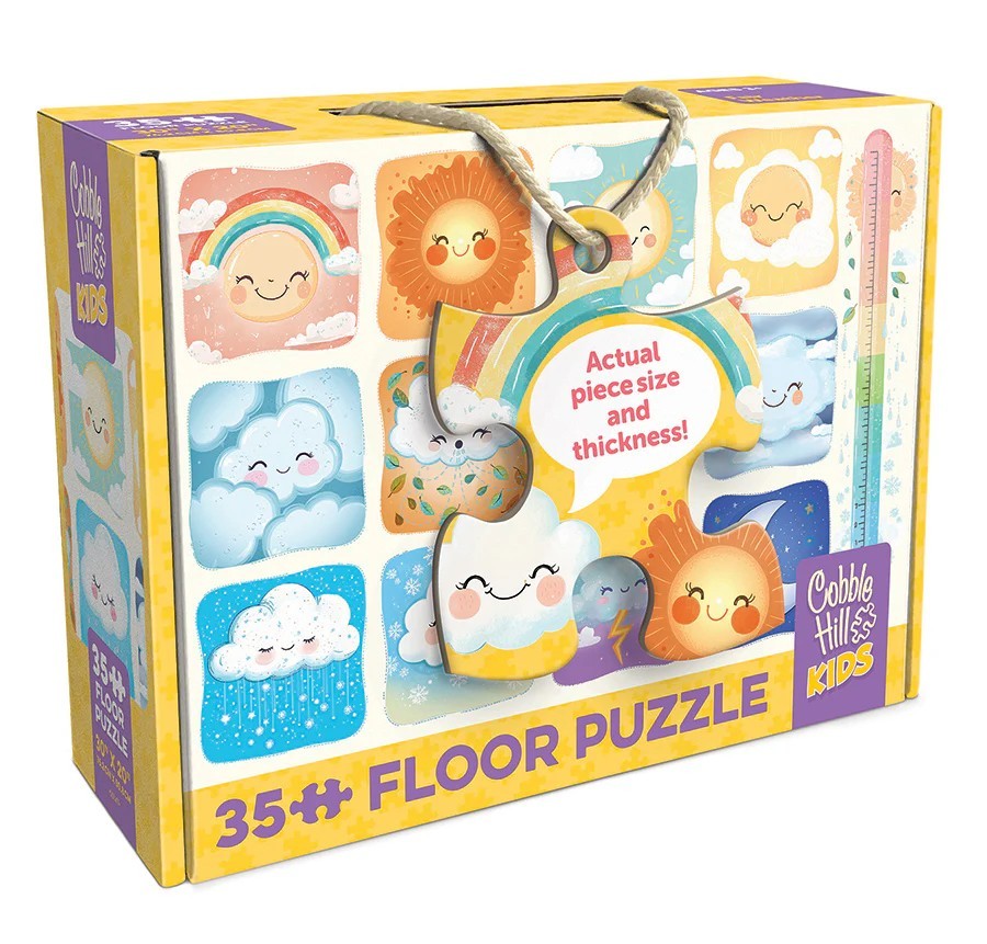 Cobble Hill Kids 35-piece jigsaw floor puzzle packaging with colorful illustrations of animals and weather elements.