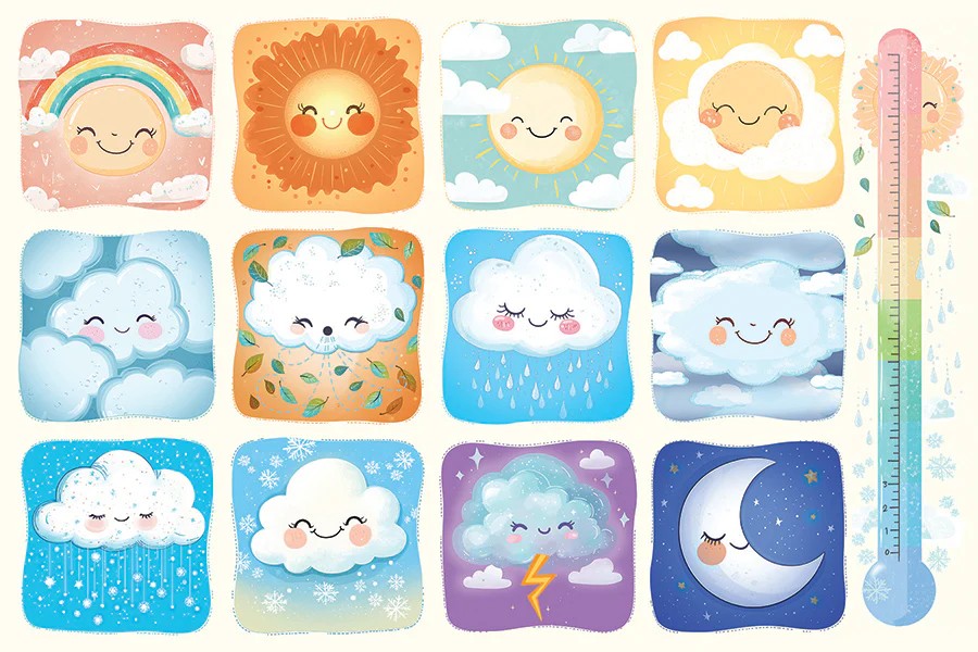 Cobble Hill weather-themed children's 35-piece jigsaw floor puzzle with smiling clouds, suns, and moon, accompanied by a thermometer.