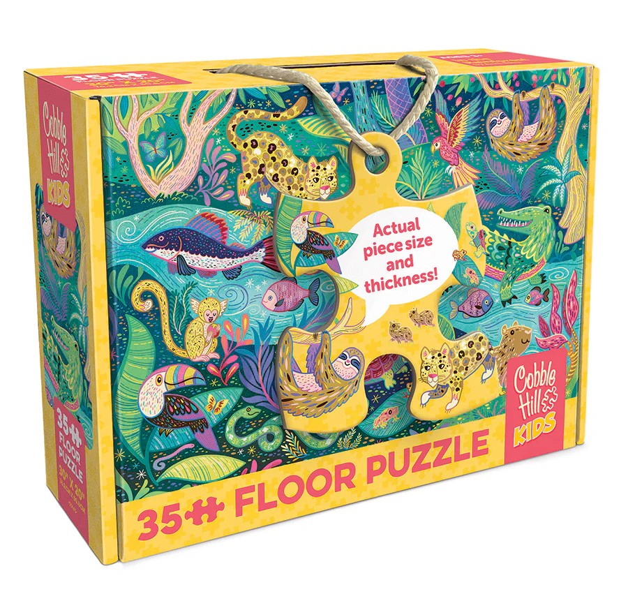 Colorful packaging of Cobble Hill 35-piece jigsaw floor puzzle with jungle animas