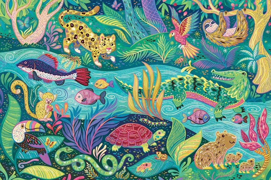 Colorful Cobble Hill 35-piece floor jigsaw puzzle of various animals in a jungle and underwater setting.