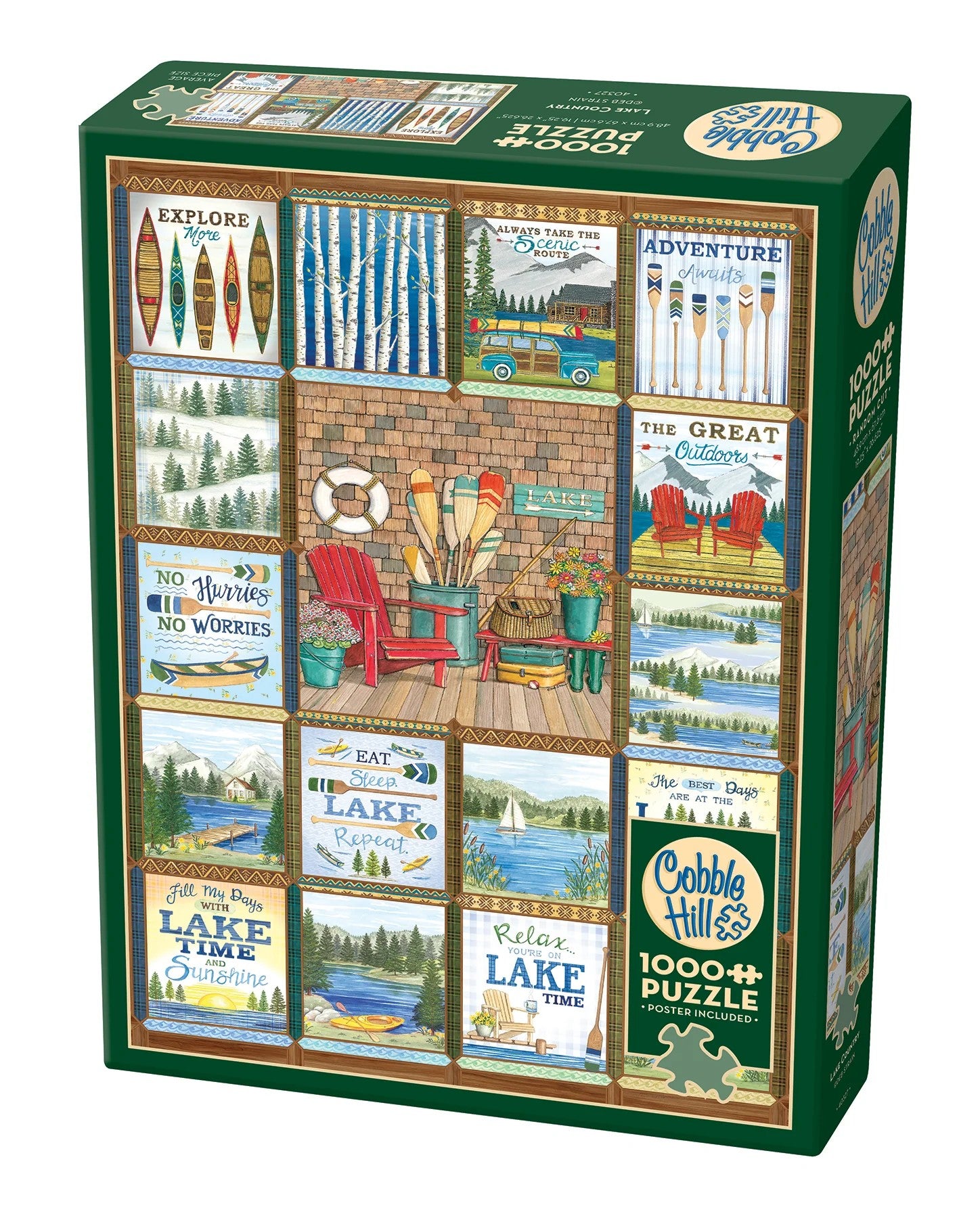 Cobble Hill "Lake Country" 1000-piece jigsaw puzzle box with lake-themed images 