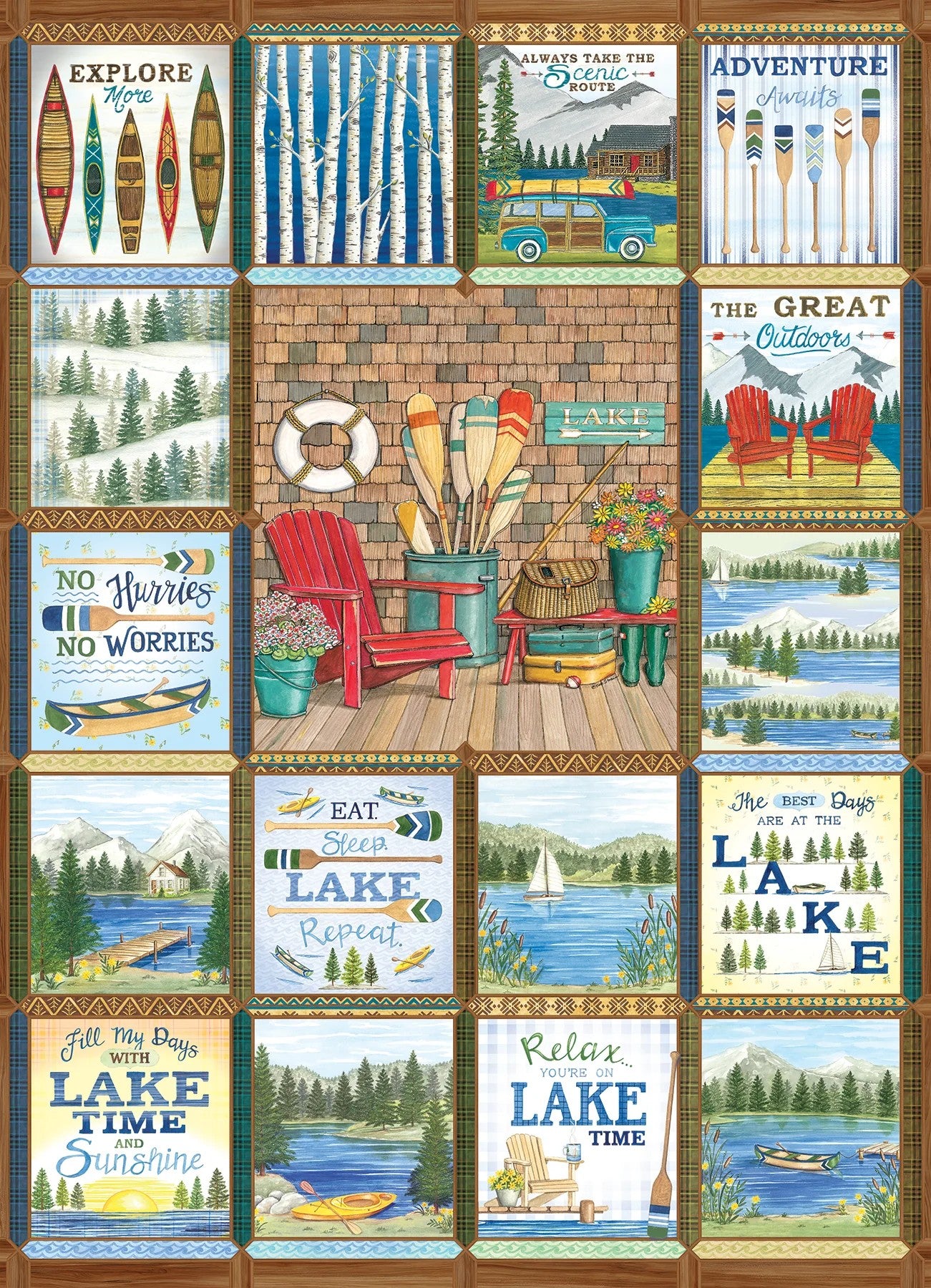 Collage of lake-themed illustrations with chairs, nature scenes, and text on a wooden background.
