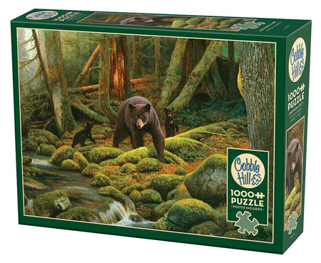 1000-piece Jigsaw puzzle box featuring a bear and cubs in a forest scene, with 'Cobble Hill' branding.