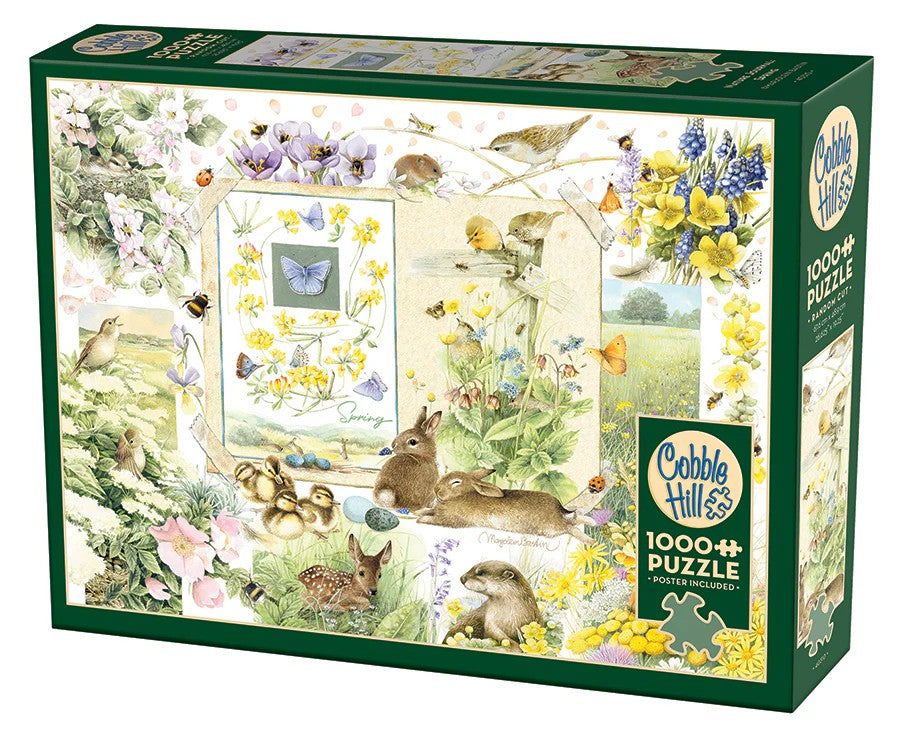 Cobble Hill 1000-piece Jigsaw puzzle box featuring nature-themed illustrations with animals and flowers in spring