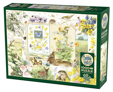 Cobble Hill 1000-piece Jigsaw puzzle box featuring nature-themed illustrations with animals and flowers in spring