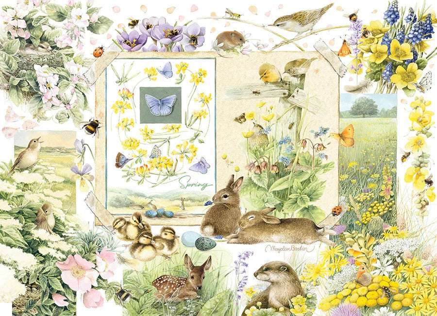 Cobble Hill 1000-piece jigsaw puzzle Nature-themed collage with animals, flowers, and butterflies.
